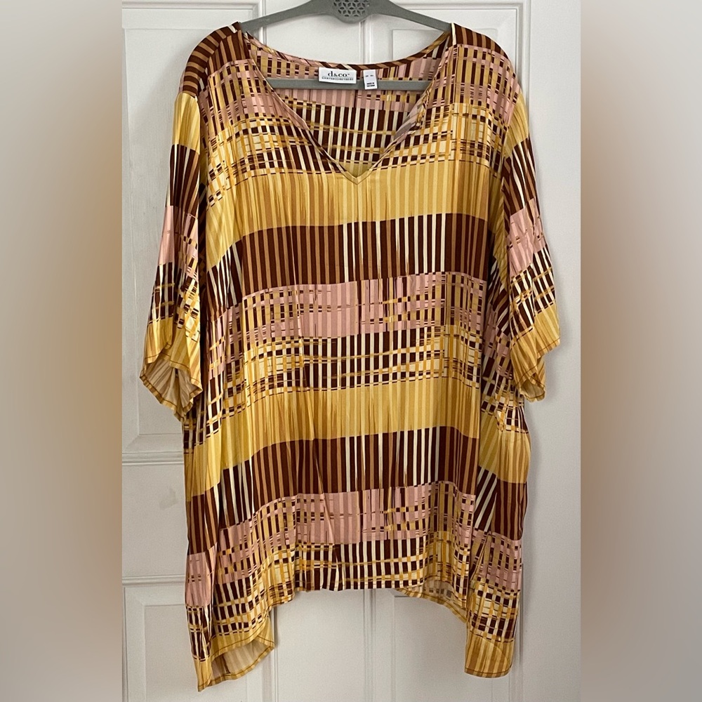 Dana Buchman Yellow Brown Pink Geometric V-Neck Tunic Top